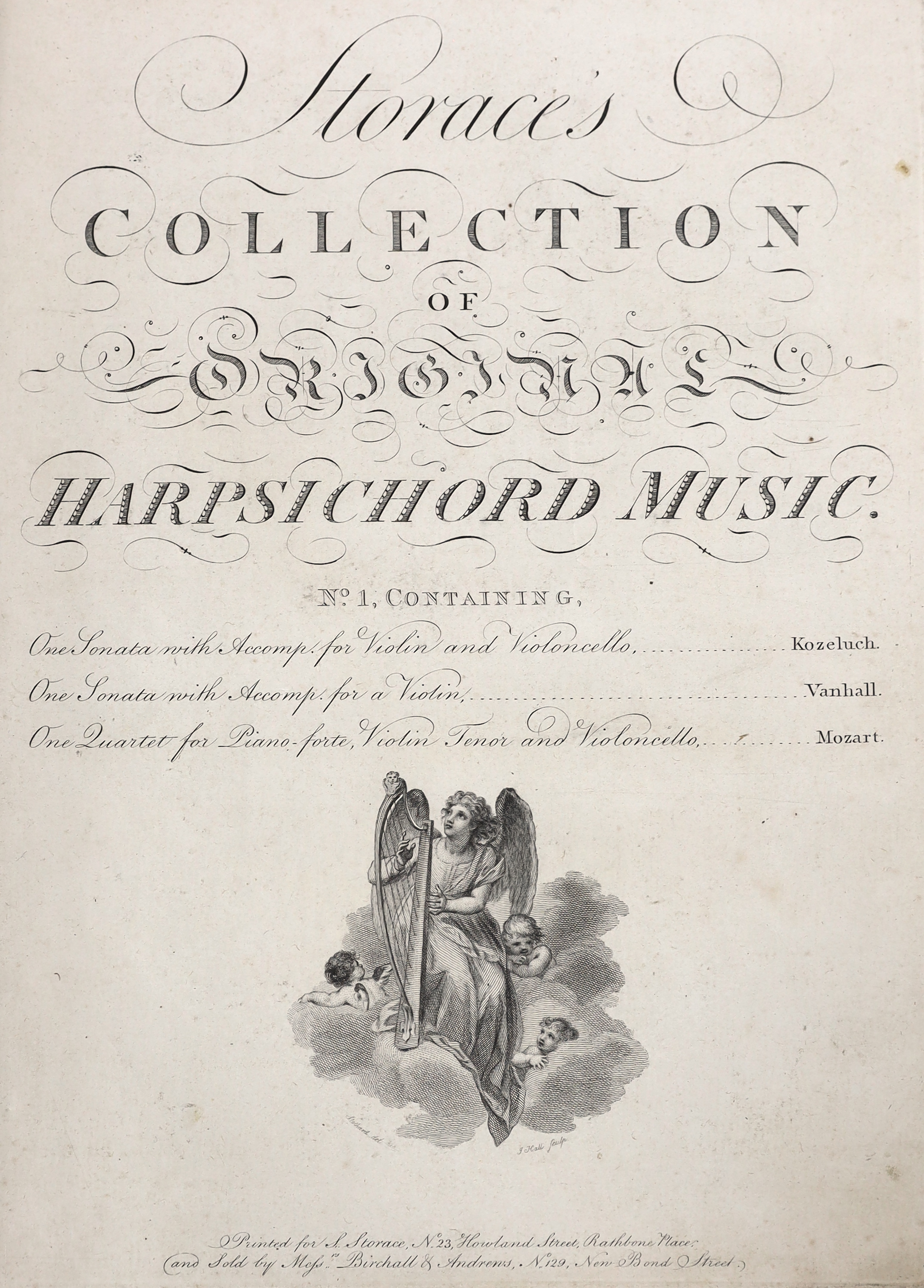 Storace, Stephen - Storace's Collection of Original Harpsichord Music. (vol.I) in 6 parts with engraved titles to each, subscriber's/advert. page for second vol., index leaf; contemp. half calf and marbled boards, gilt d